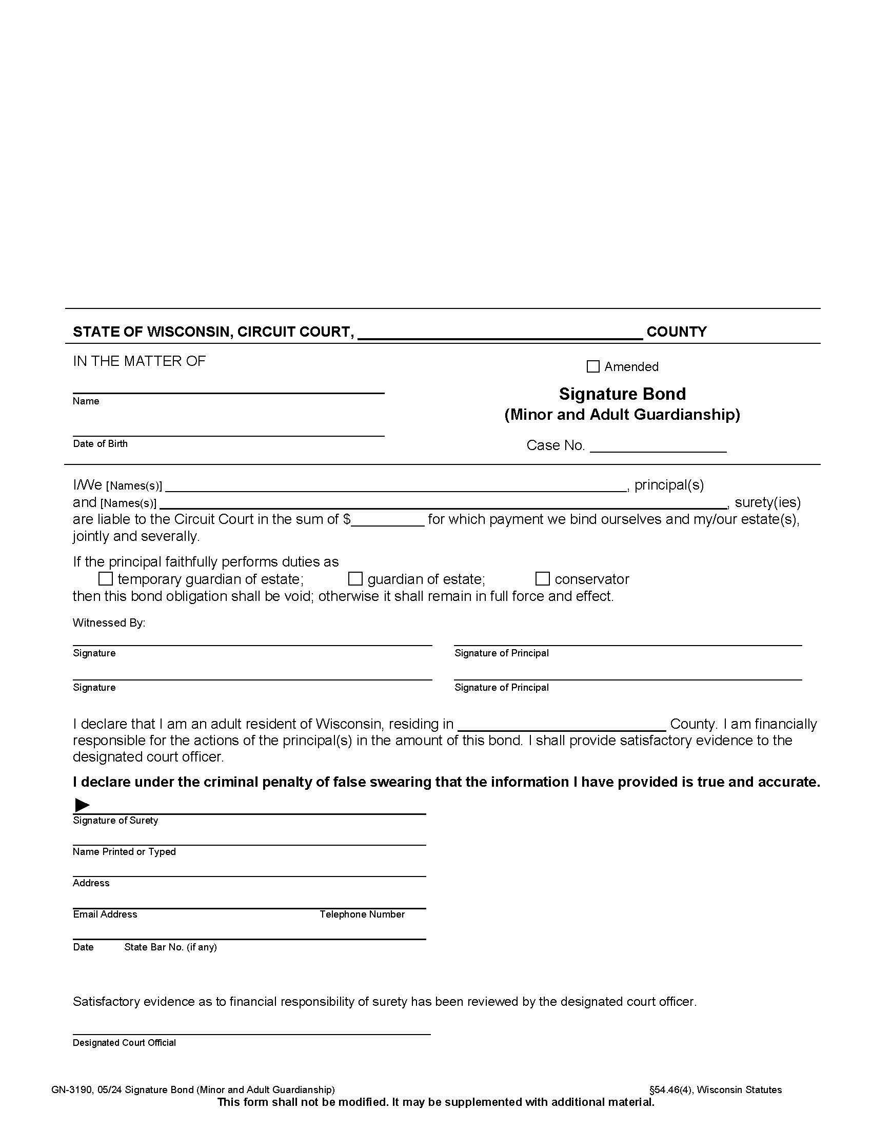 Signature Bond Of Guardian Of Estate Or Conservator {GN-3190} | Pdf Fpdf Docx | Wisconsin