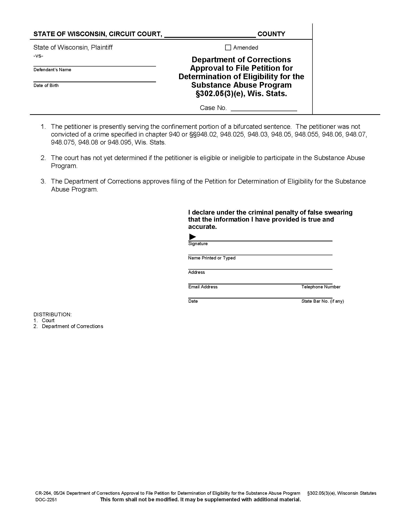 Department Of Corrections Approval To File Petition For Determination Of Eligibility For The Substance Abuse Program {CR-264} | Pdf Fpdf Doc Docx | Wisconsin