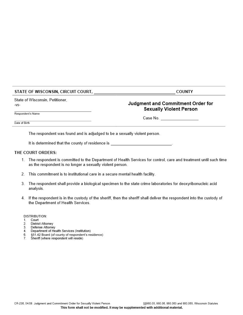 Judgment And Commitment Order For Sexually Violent Person {CR-236} | Pdf Fpdf Doc Docx | Wisconsin