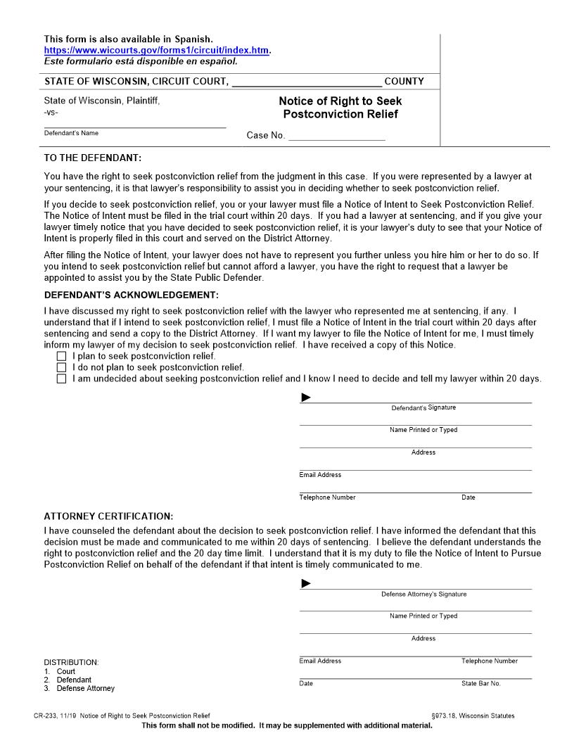 Notice Of Right To Seek Postconviction Relief {CR-233} | Pdf Fpdf Doc Docx | Wisconsin