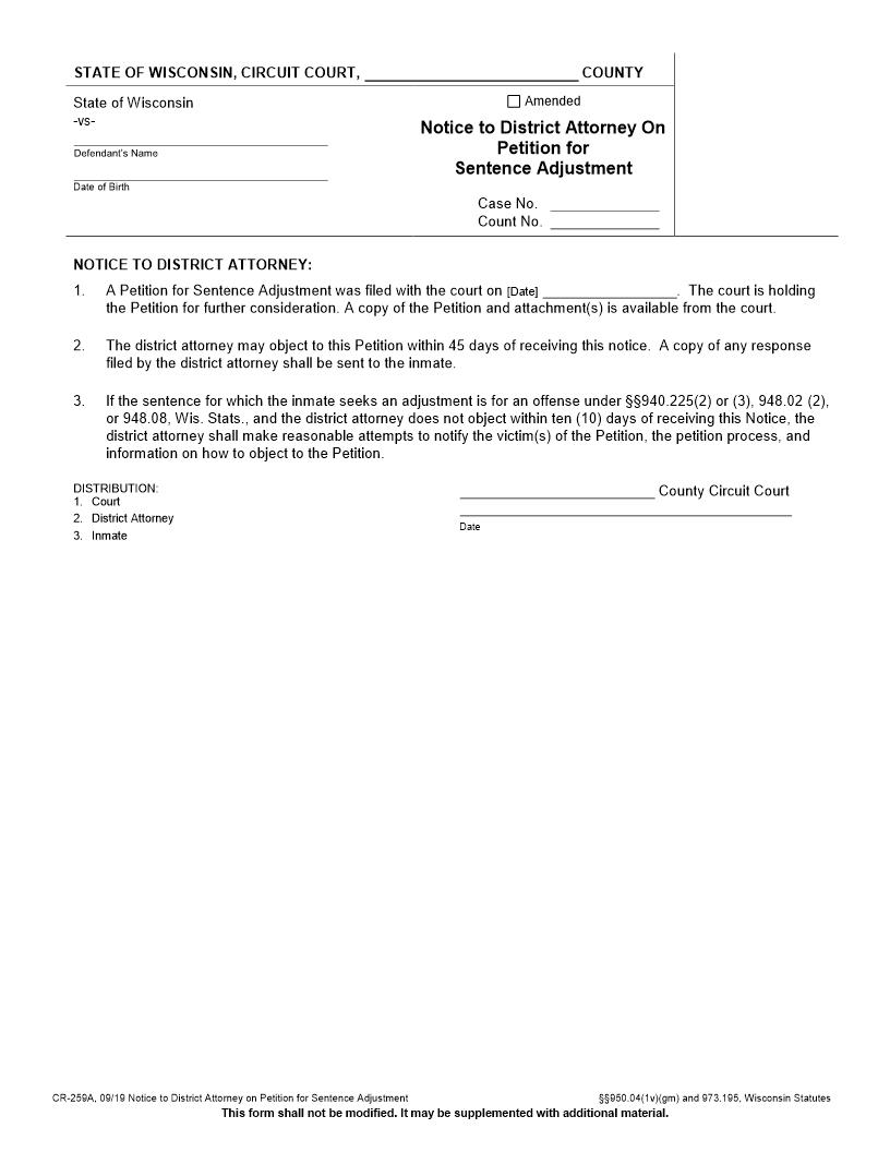 Notice To DA On Petition For Sentence Adjustment {CR-259A} | Pdf Fpdf Docx | Wisconsin