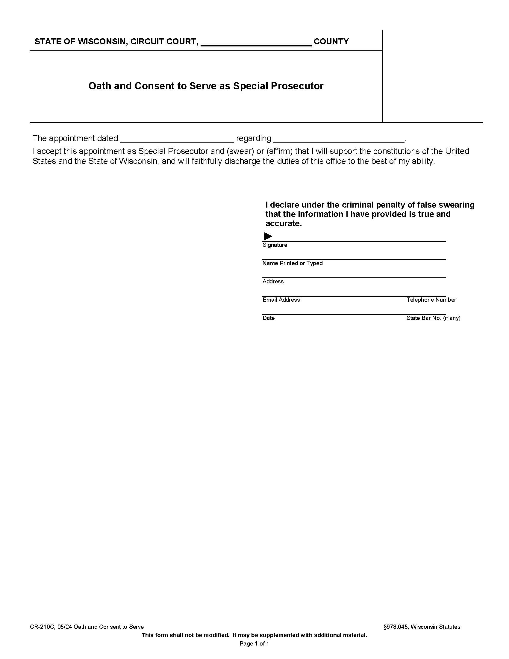 Oath And Consent To Serve As Special Prosecutor {CR-210C} | Pdf Fpdf Doc Docx | Wisconsin