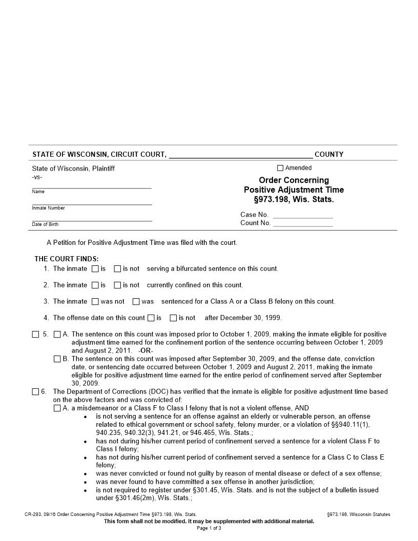 Order Concerning Positive Adjustment Time {CR-283} | Pdf Fpdf Docx | Wisconsin