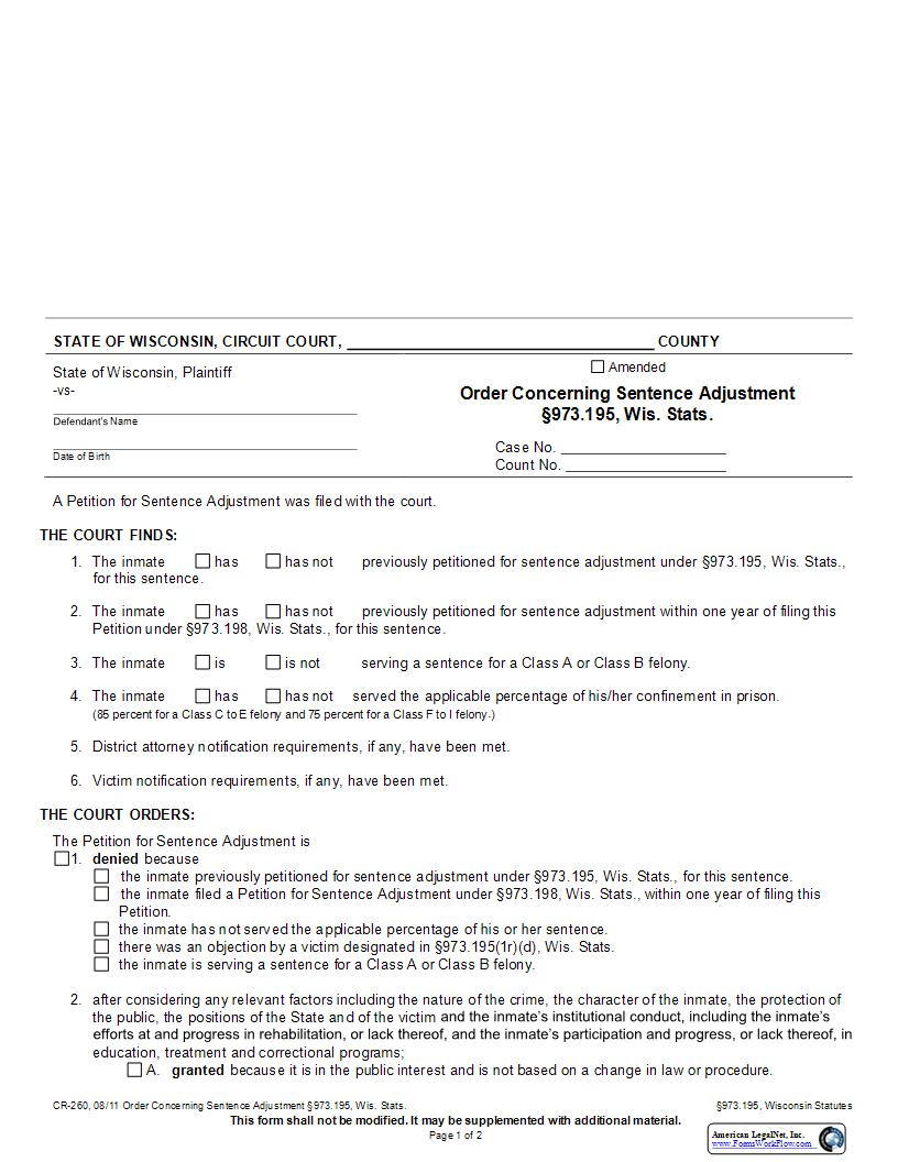 Order Concerning Sentence Adjustment {CR-260} | Pdf Fpdf Docx | Wisconsin