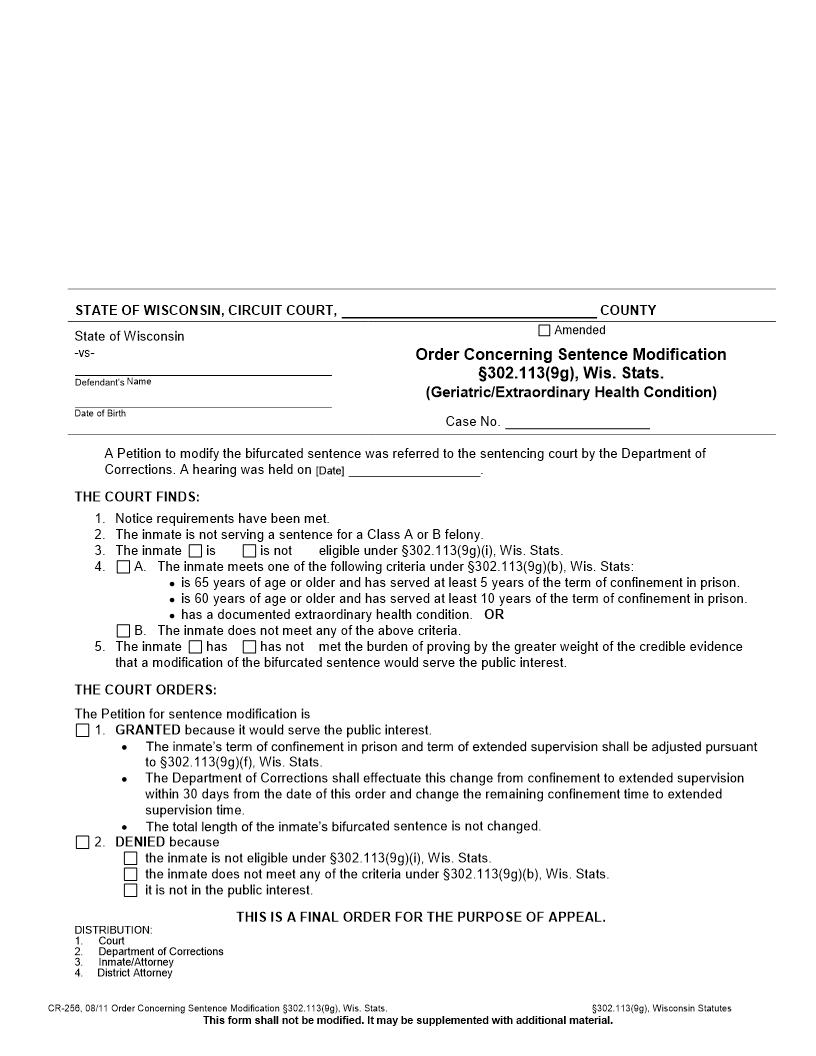 Order Concerning Sentence Modification (Geriatric-Extraordinary Health Condition) {CR-256} | Pdf Fpdf Docx | Wisconsin