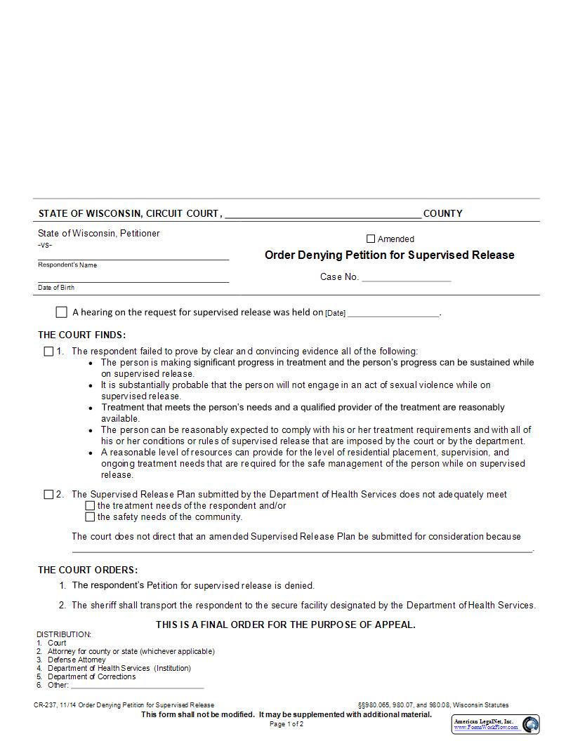 Order Denying Petition For Supervised Release {CR-237} | Pdf Fpdf Docx | Wisconsin