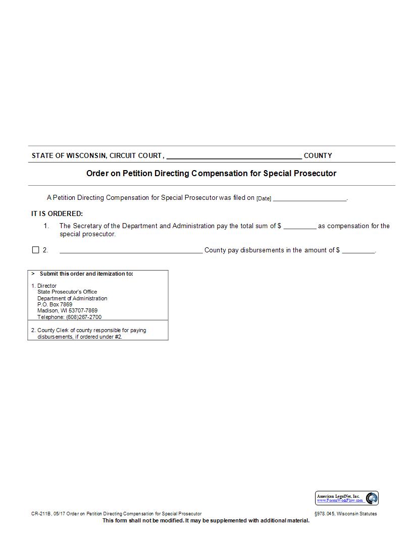 Order Directing Compensation For Special Prosecutor {CR-211B} | Pdf Fpdf Docx | Wisconsin