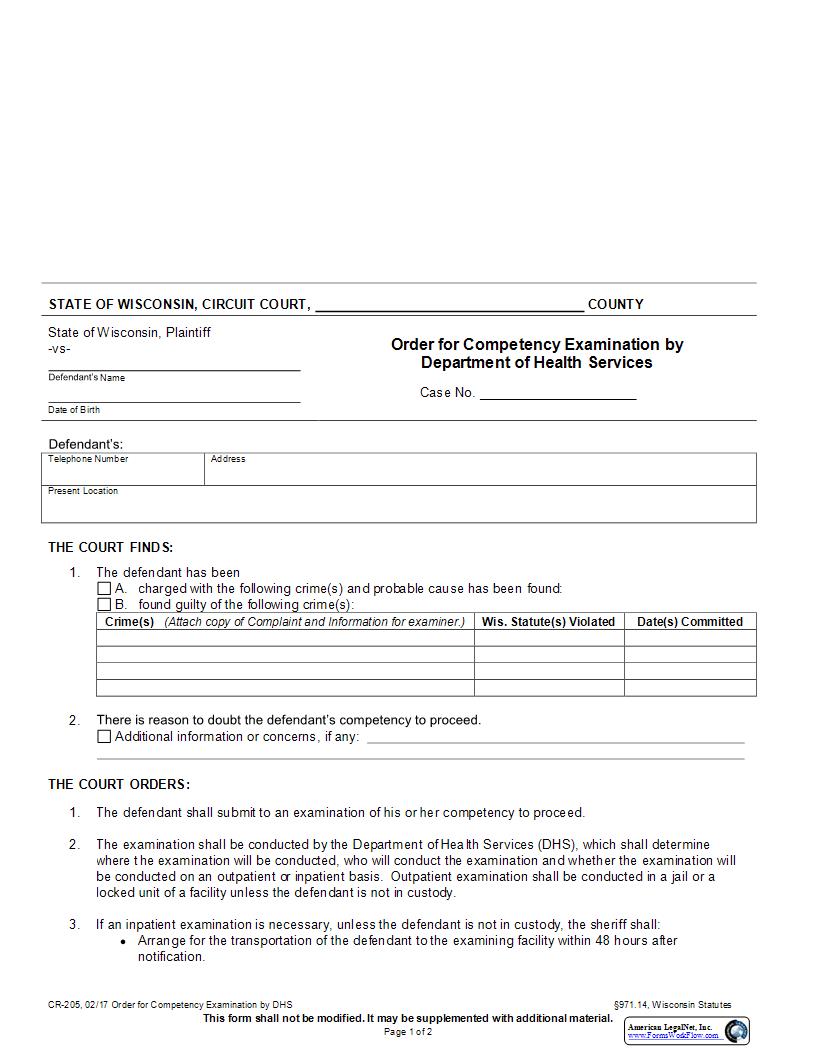 Order For Competency Examination By Department Of Health Services {CR-205} | Pdf Fpdf Docx | Wisconsin