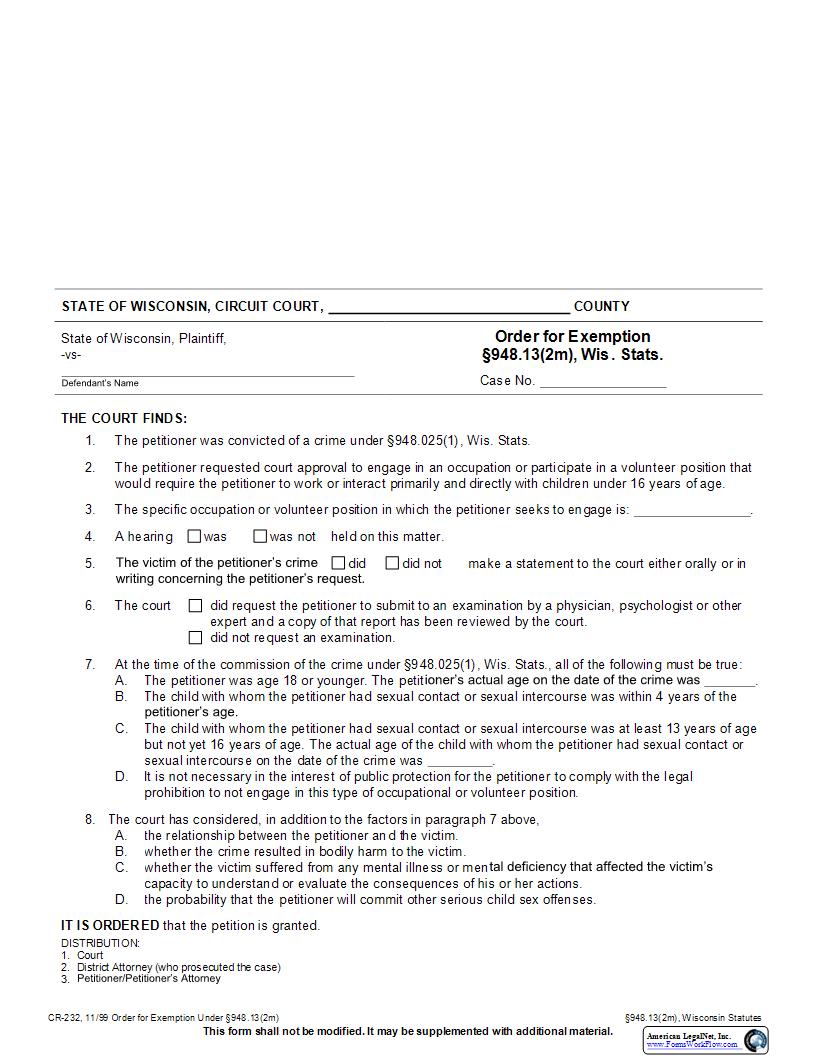 Order For Exemption {CR-232} | Pdf Fpdf Docx | Wisconsin