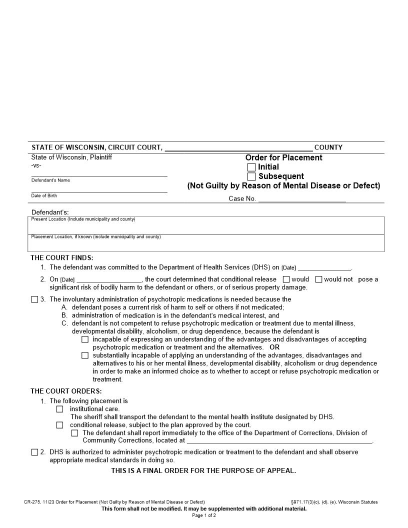 Order For Placement (Not Guilty By Reason Of Mental Disease Or Defect) {CR-275} | Pdf Fpdf Docx | Wisconsin