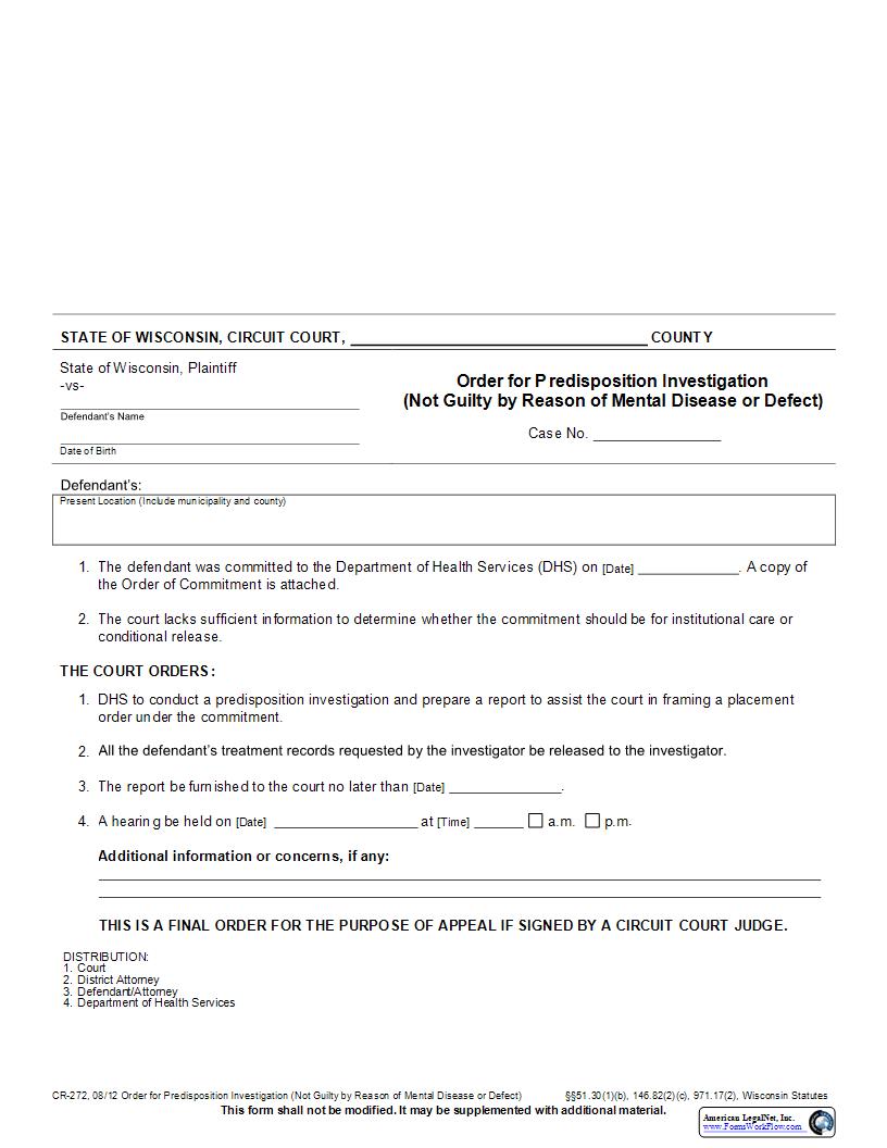Order For Predisposition Investigation (Not Guilty By Reason Of Mental Disease Or Defect) {CR-272} | Pdf Fpdf Docx | Wisconsin
