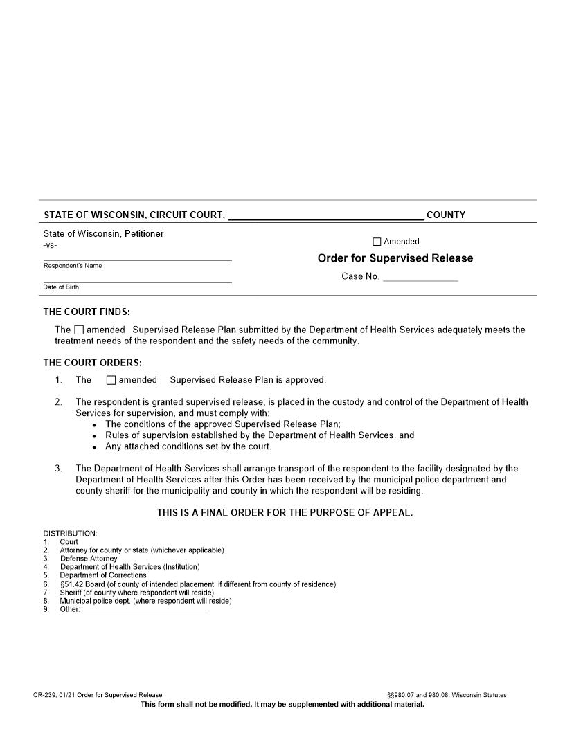 Order For Supervised Release {CR-239} | Pdf Fpdf Docx | Wisconsin