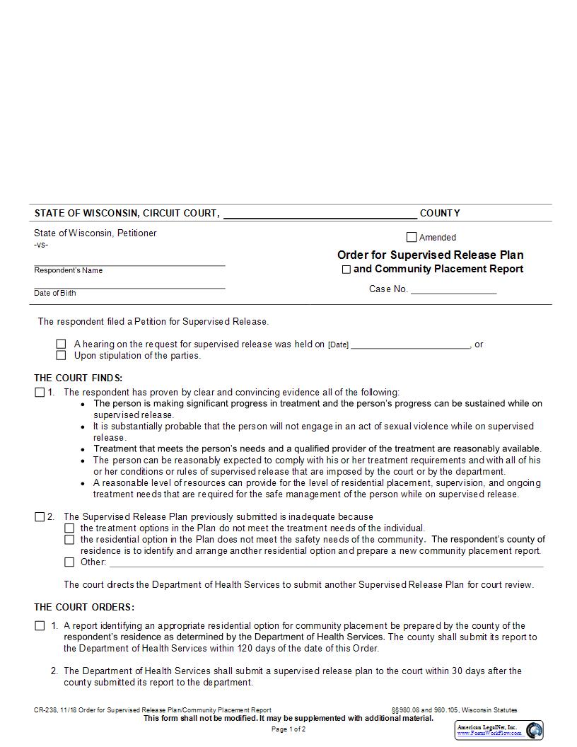 Order For Supervised Release Plan {CR-238} | Pdf Fpdf Docx | Wisconsin
