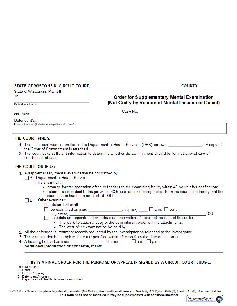 Order For Supplementary Mental Examination (Not Guilty By Reason Of Mental Disease Or Defect) {CR-273} | Pdf Fpdf Docx | Wisconsin