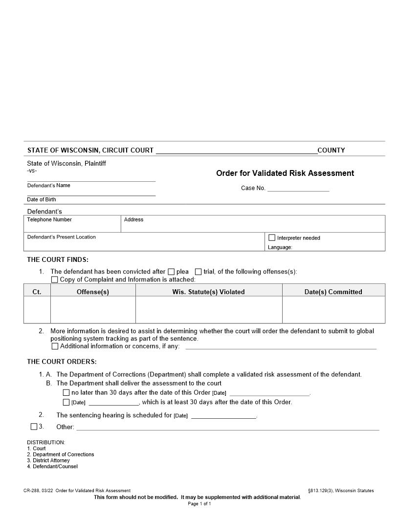 Order For Validated Risk Assessment{CR-288} | Pdf Fpdf Docx | Wisconsin