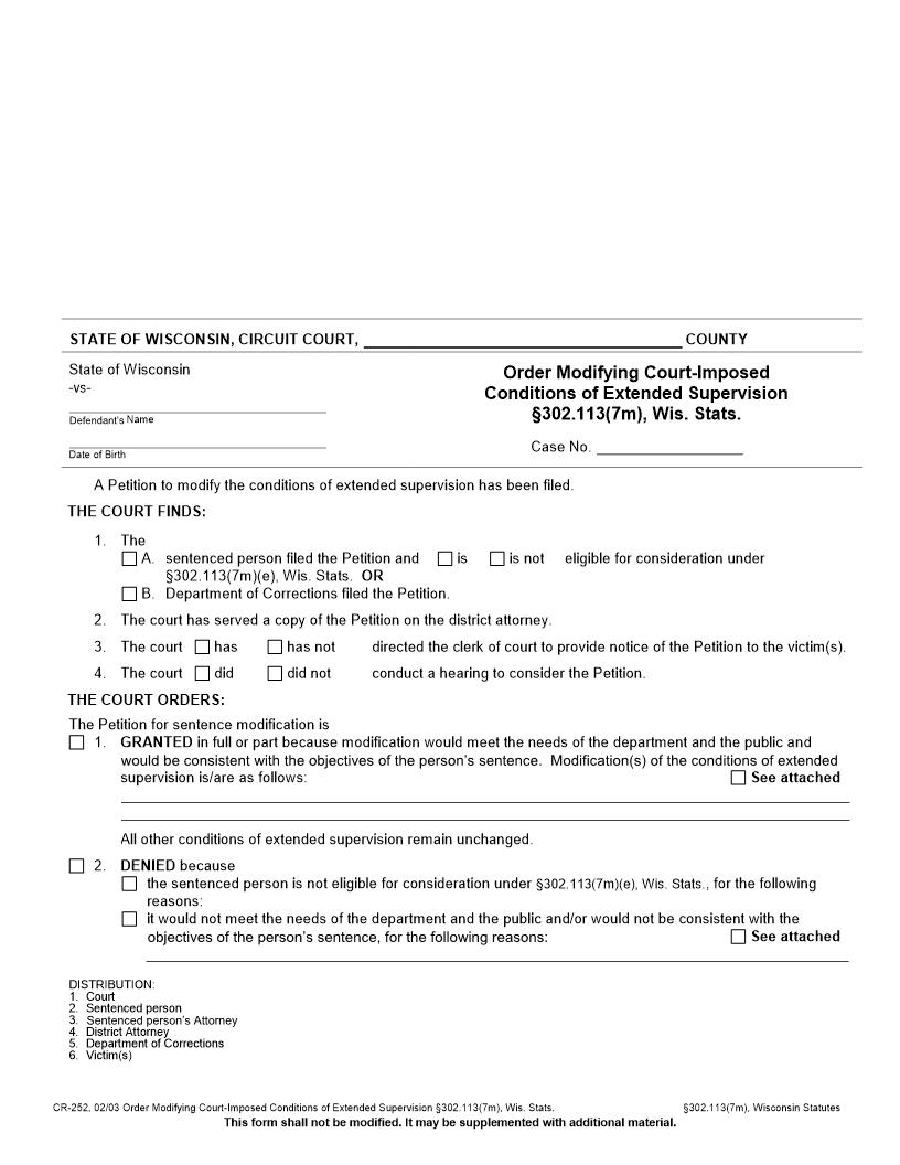 Order Modifying Court Imposed Conditions Of Extended Supervision {CR-252} | Pdf Fpdf Docx | Wisconsin