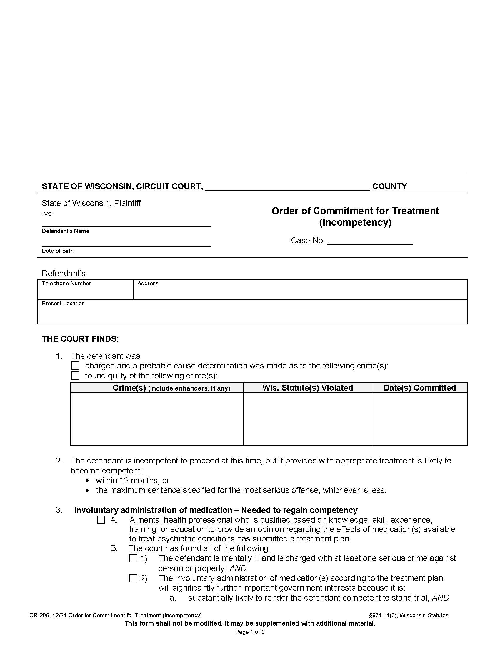 Order Of Commitment For Treatment (Incompetency) {CR-206} | Pdf Fpdf Docx | Wisconsin