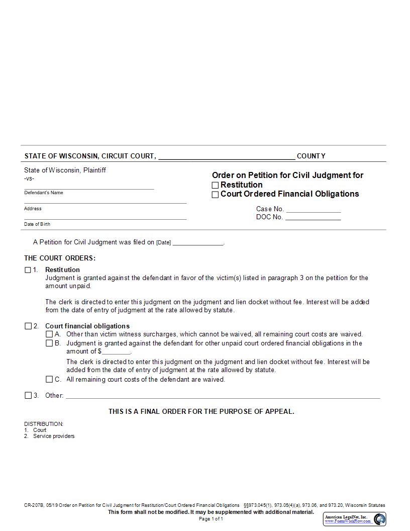 Order On Petition For Civil Judgment For Restitution-Court Ordered Financial Obligations {CR-207B} | Pdf Fpdf Docx | Wisconsin