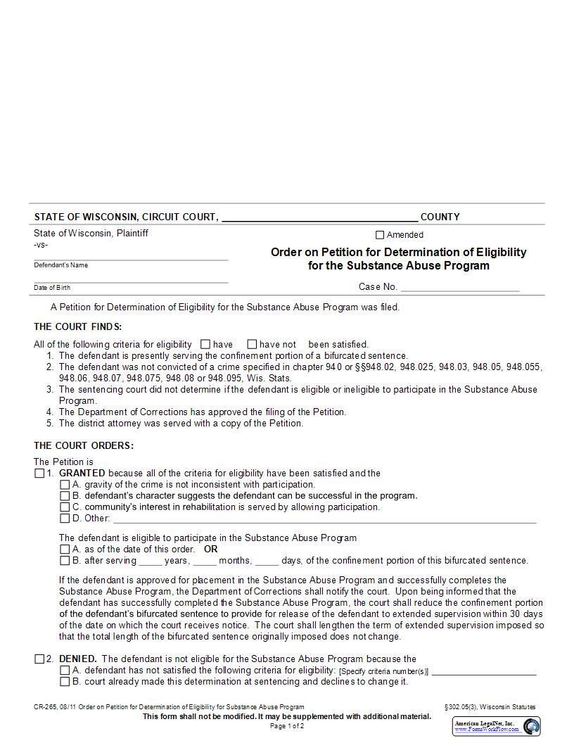 Order On Petition For Determination Of Eligibility For The Substance Abuse Program {CR-265} | Pdf Fpdf Docx | Wisconsin