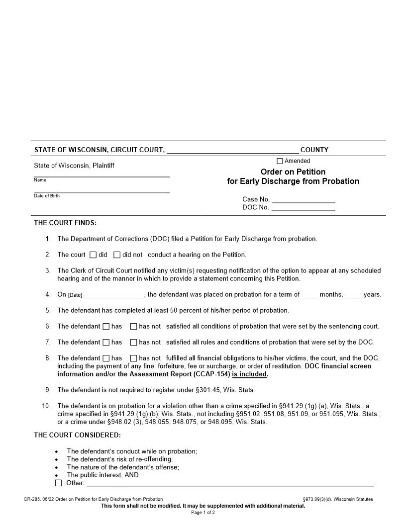 Order On Petition For Early Discharge From Probation {CR-285} | Pdf Fpdf Docx | Wisconsin