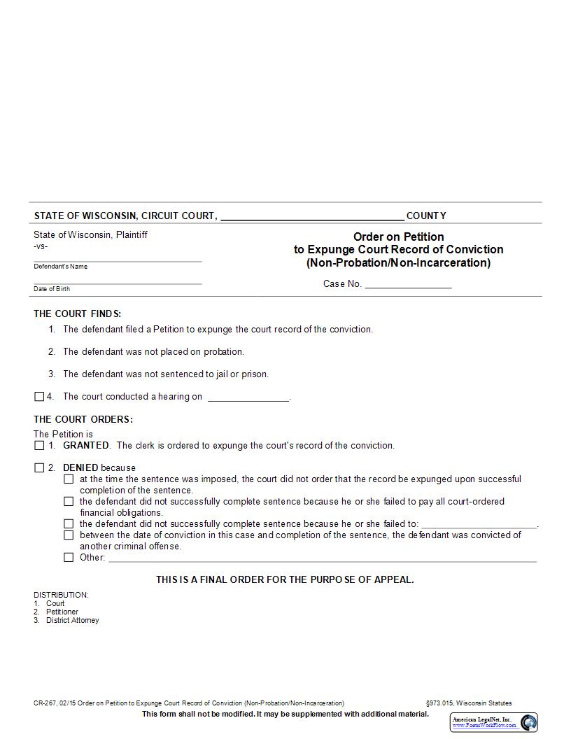 Order On Petition To Expunge Court Record Of Conviction {CR-267} | Pdf Fpdf Docx | Wisconsin