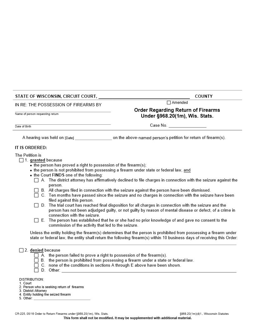Order Regarding Return Of Firearms {CR-225} | Pdf Fpdf Doc Docx | Wisconsin