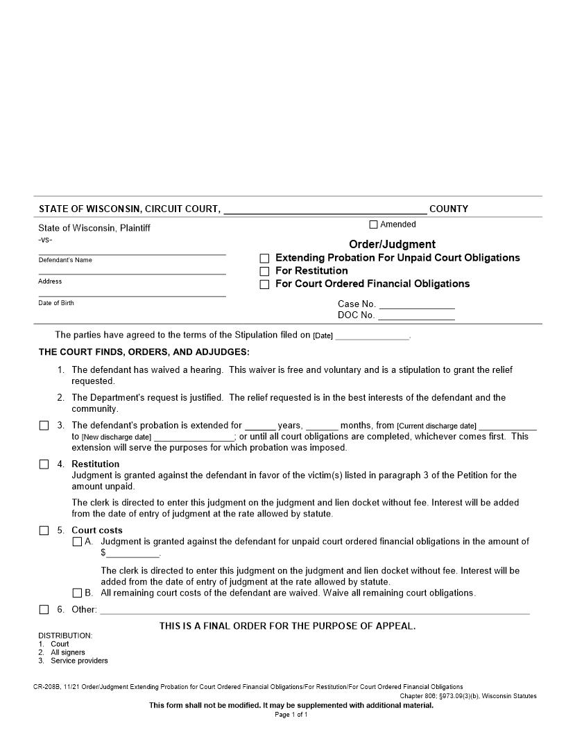Order-Judgment (Order Extending Probation For Unpaid Court Obligations-Restitution) {CR-208B} | Pdf Fpdf Docx | Wisconsin