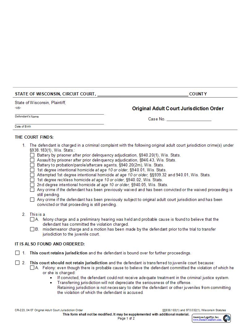 Original Adult Court Jurisdiction Order {CR-223} | Pdf Fpdf Docx | Wisconsin