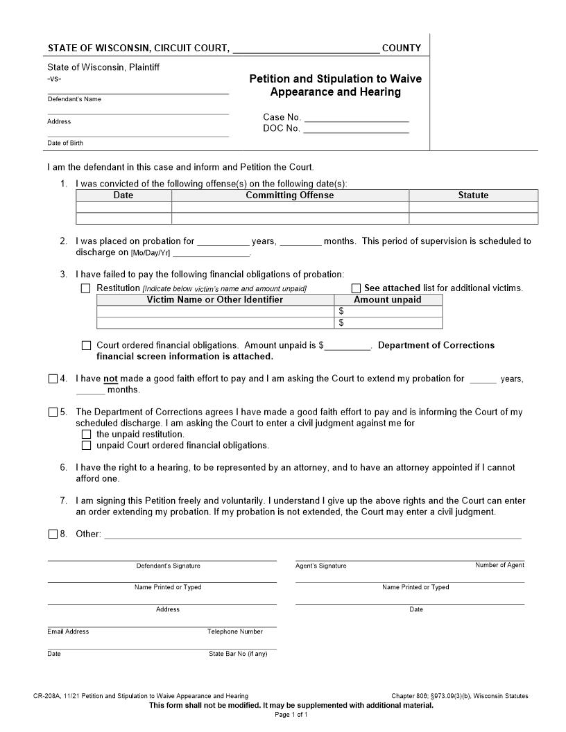 Petition And Stipulation To Waive Appearance And Hearing {CR-208A} | Pdf Fpdf Docx | Wisconsin