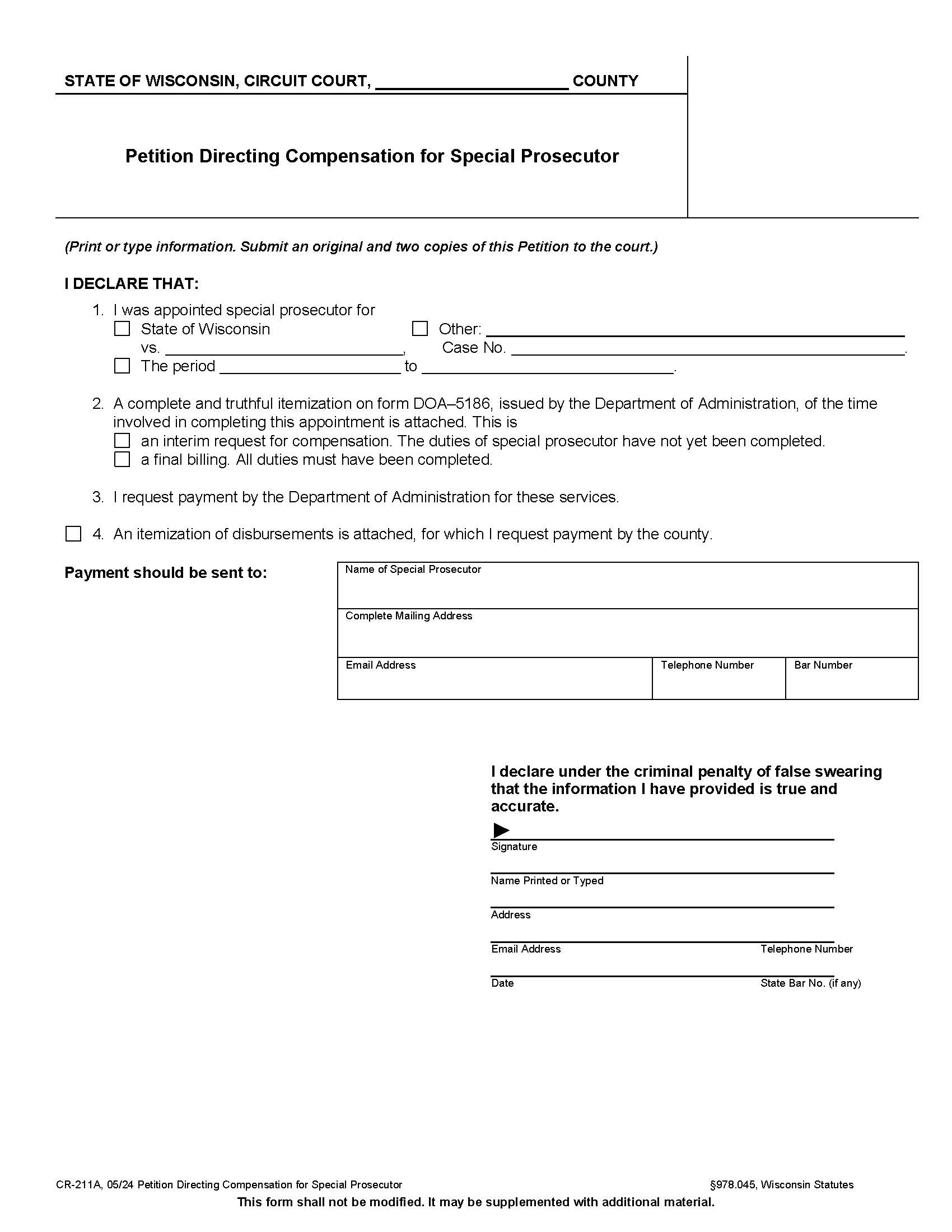 Petition Directing Compensation For Special Prosecutor {CR-211A} | Pdf Fpdf Docx | Wisconsin