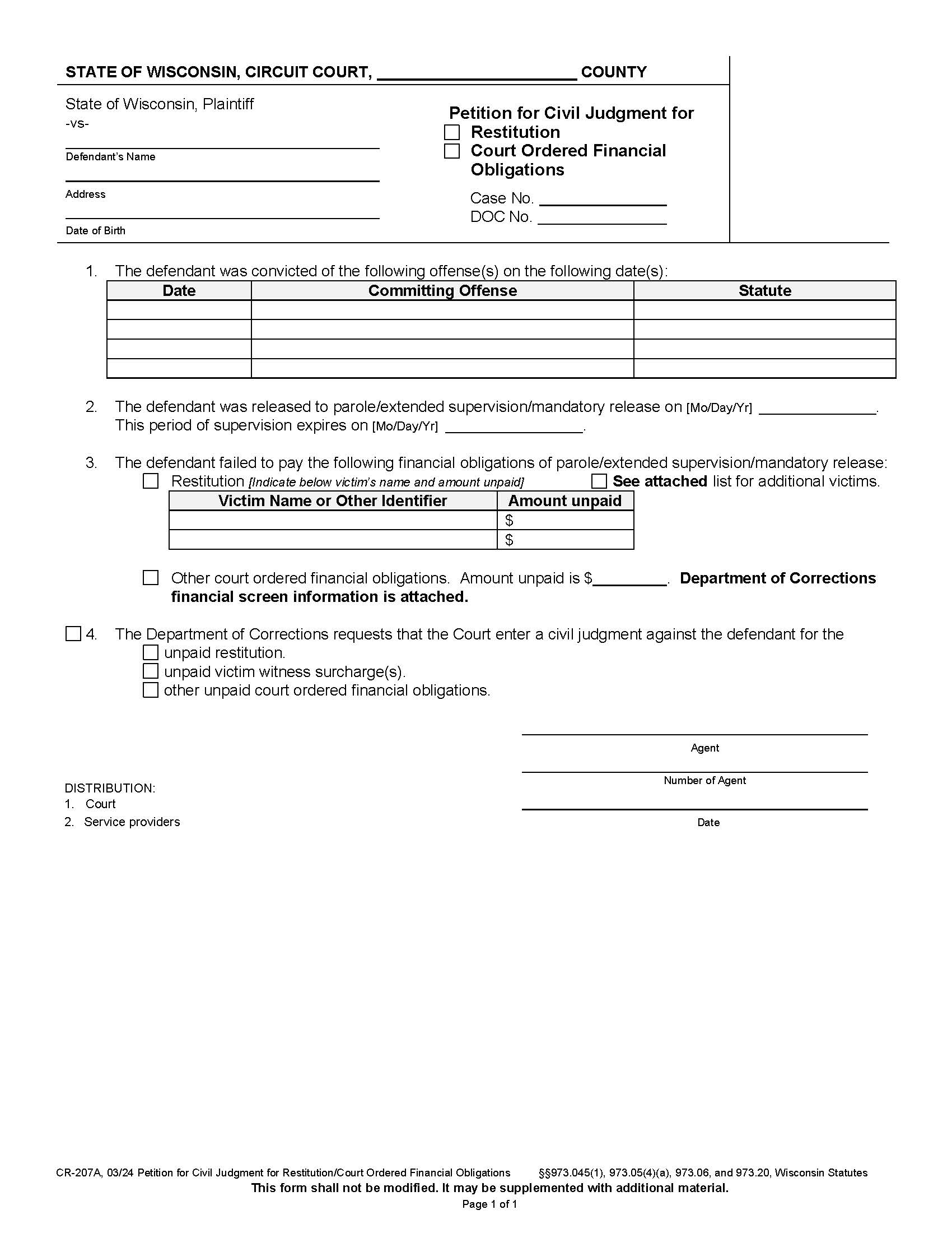 Petition For Civil Judgment For Restitution-Court Ordered Financial Obligations {CR-207A} | Pdf Fpdf Docx | Wisconsin