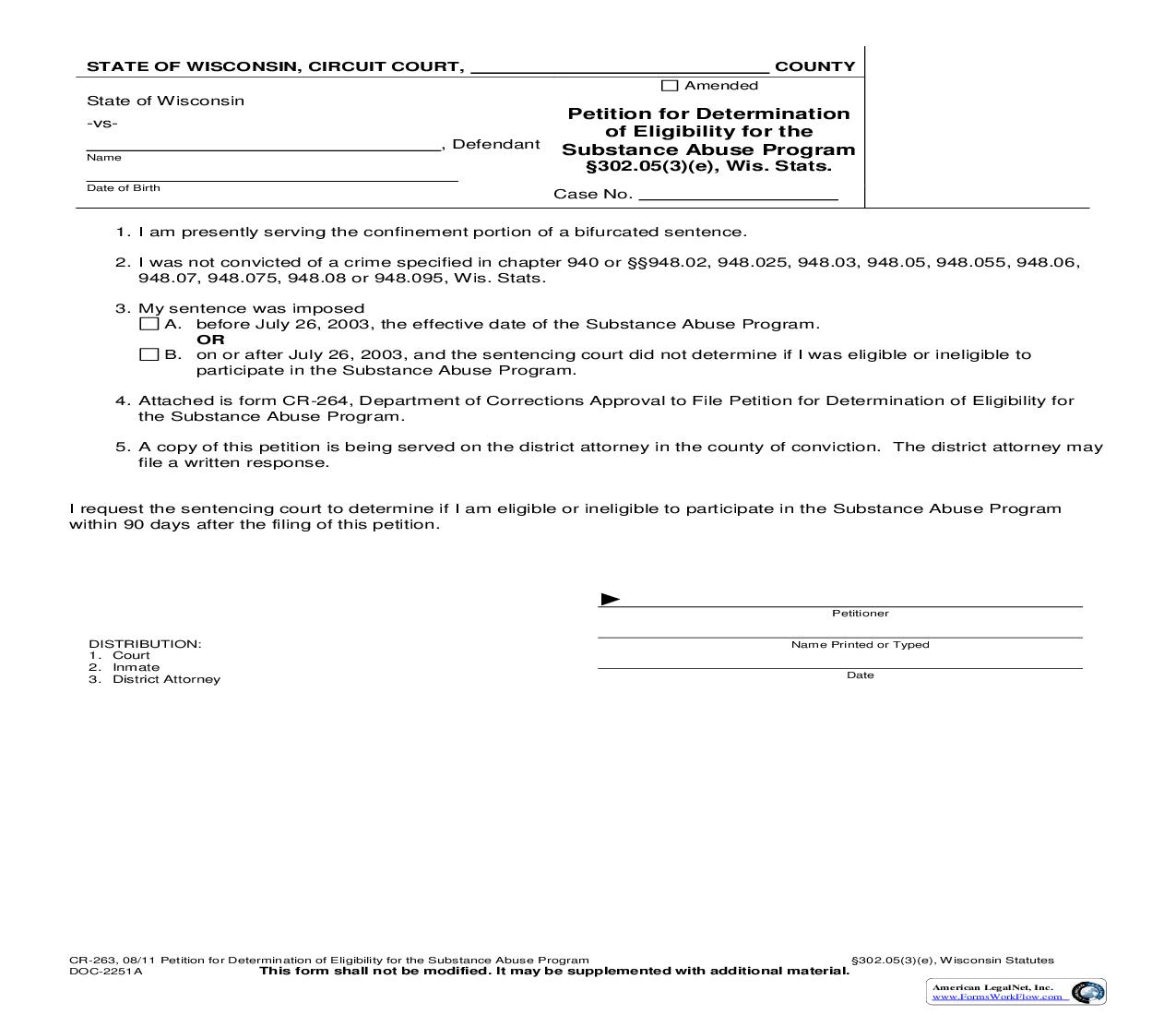 Petition For Determination Of Eligibility For The Substance Abuse Program {CR-263} | Pdf Fpdf Doc Docx | Wisconsin