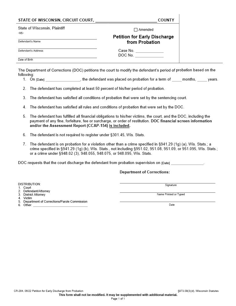 Petition For Early Discharge From Probation {CR-284} | Pdf Fpdf Docx | Wisconsin