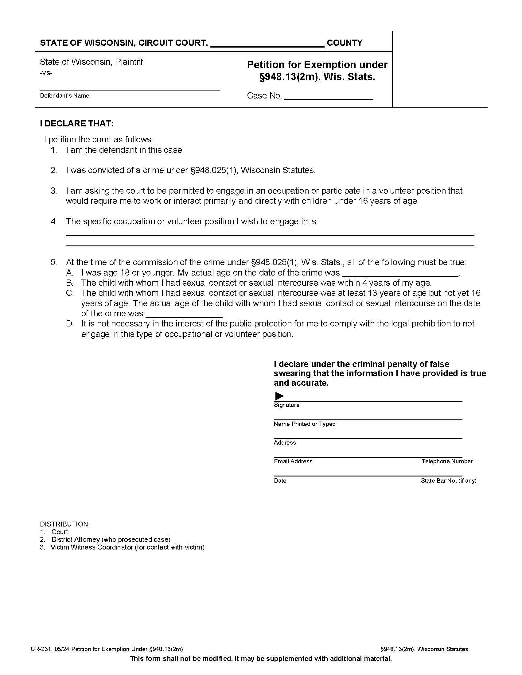 Petition For Exemption {CR-231} | Pdf Fpdf Docx | Wisconsin