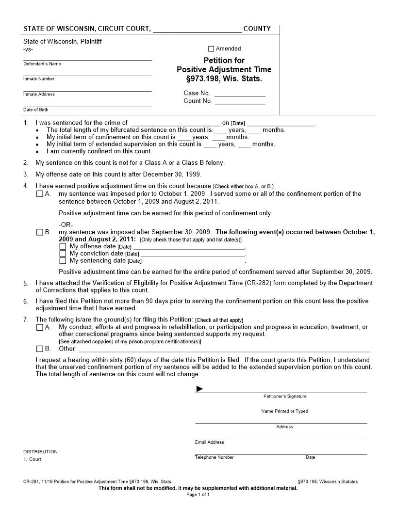 Petition For Positive Adjustment Time {CR-281} | Pdf Fpdf Docx | Wisconsin
