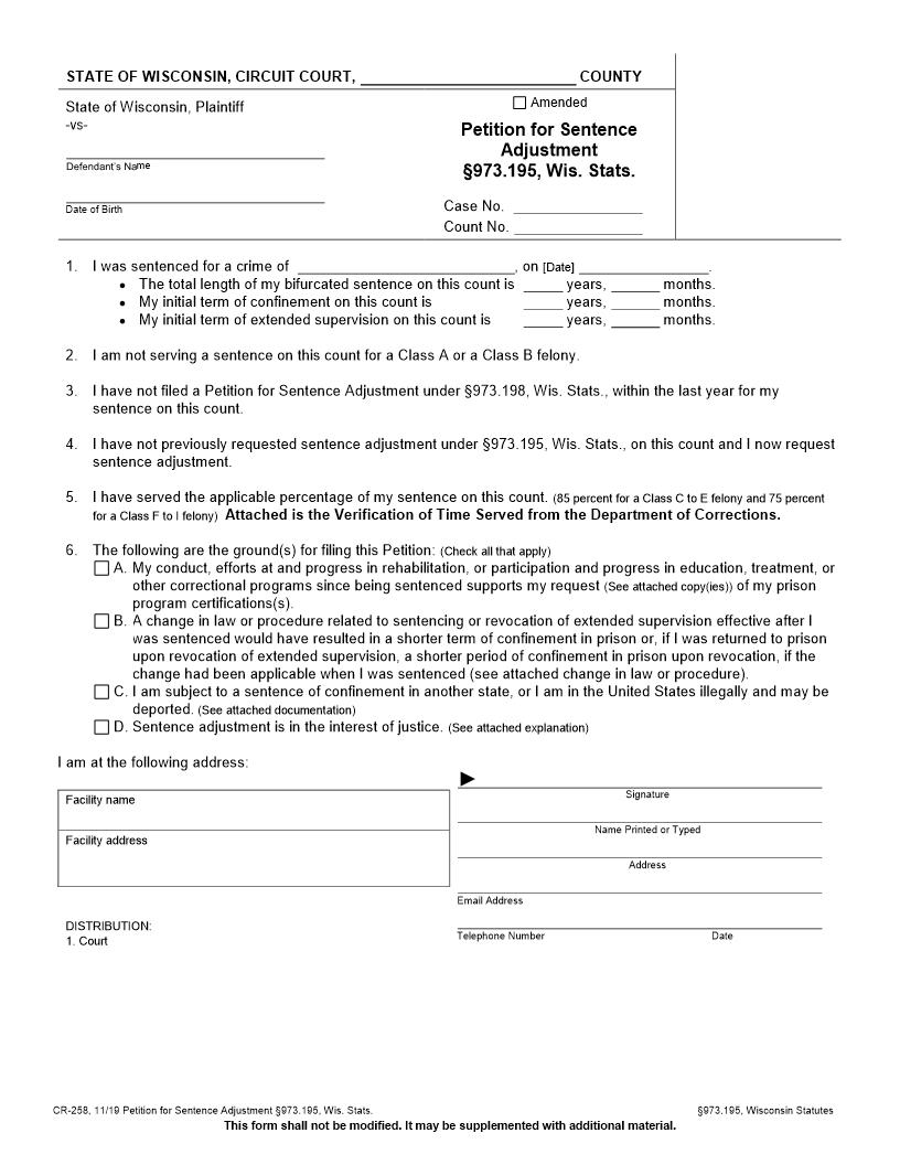 Petition For Sentence Adjustment {CR-258} | Pdf Fpdf Docx | Wisconsin