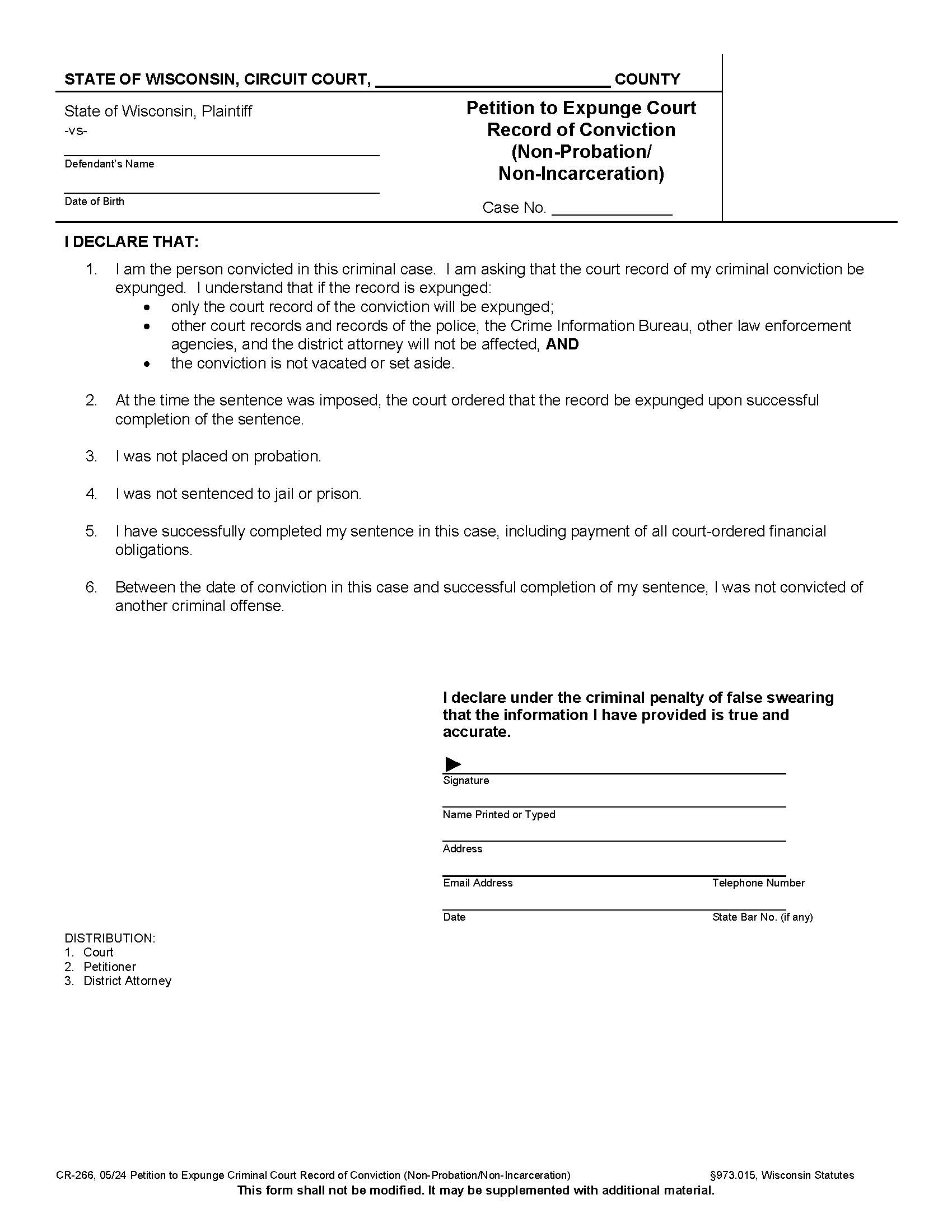 Petition To Expunge Court Record {CR-266} | Pdf Fpdf Docx | Wisconsin
