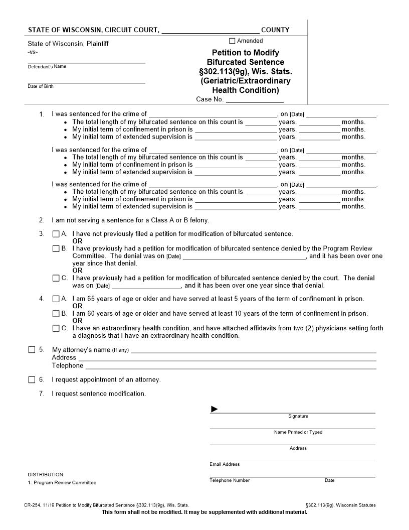 Petition To Modify Bifurcated Sentence (Geriatric-Extraordinary Health Condition) {CR-254} | Pdf Fpdf Docx | Wisconsin