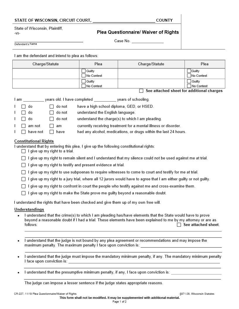 Plea Questionnaire - Waiver Of Rights {CR-227} | Pdf Fpdf Docx | Wisconsin