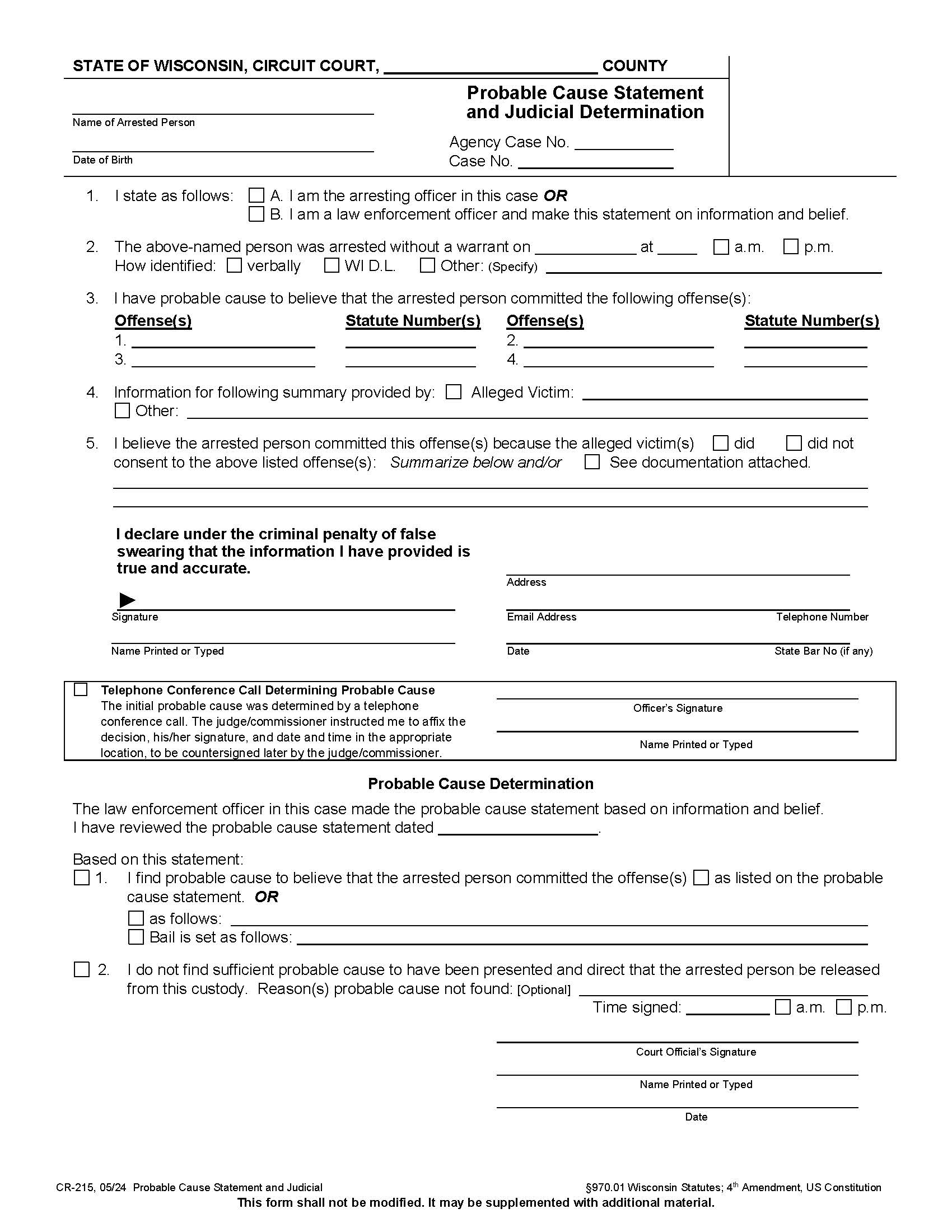 Probable Cause Statement And Judicial Determination {CR-215} | Pdf Fpdf Docx | Wisconsin