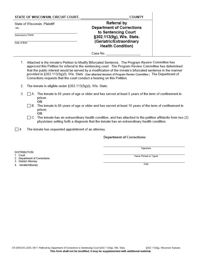 Referral By Department Of Corrections To Sentencing Court (Geriatric-Extraordinary Health Condition) {CR-255} | Pdf Fpdf Doc Docx | Wisconsin