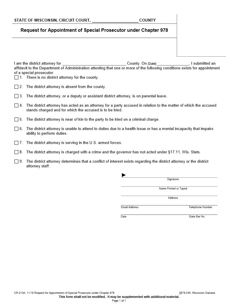 Request For Appointment Of Special Prosecutor {CR-210A} | Pdf Fpdf Docx | Wisconsin