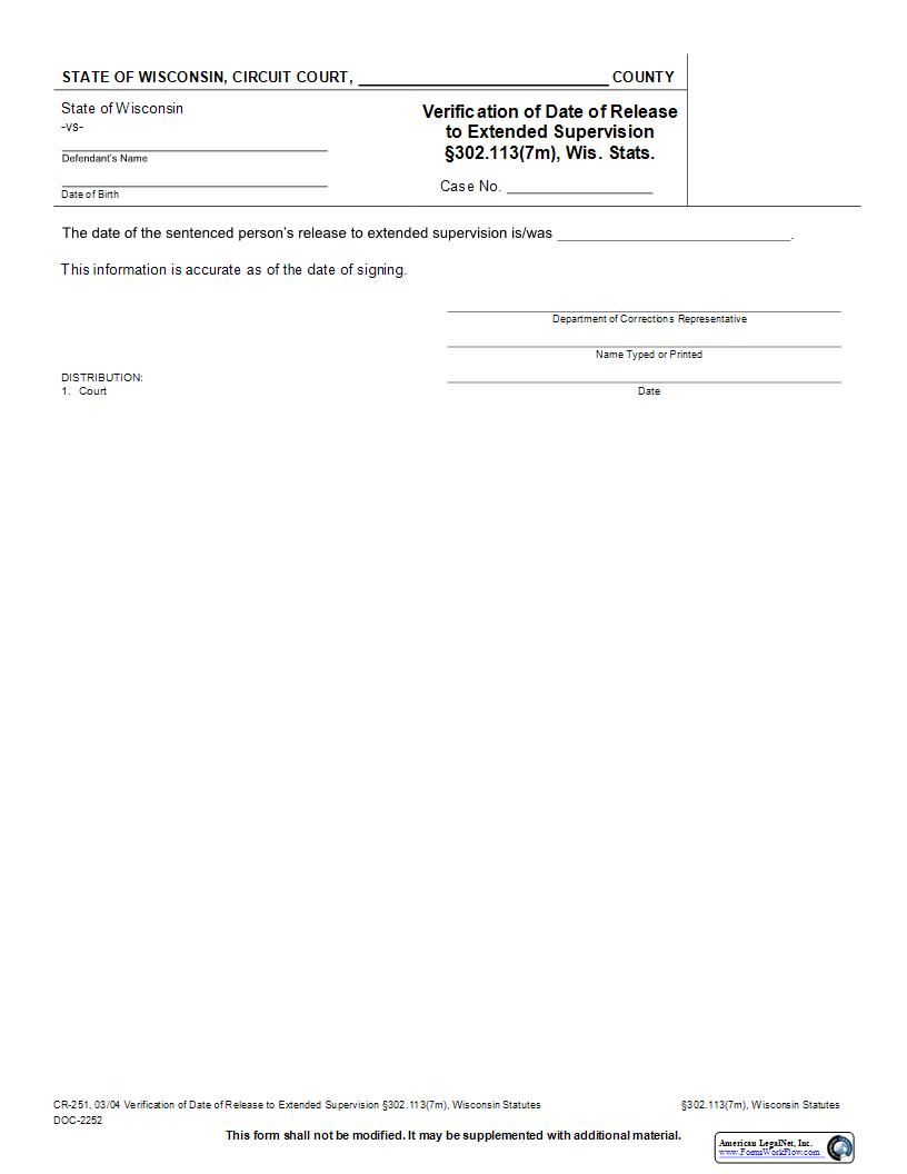 Verification Of Date Of Release To Extended Supervision {CR-251} | Pdf Fpdf Docx | Wisconsin