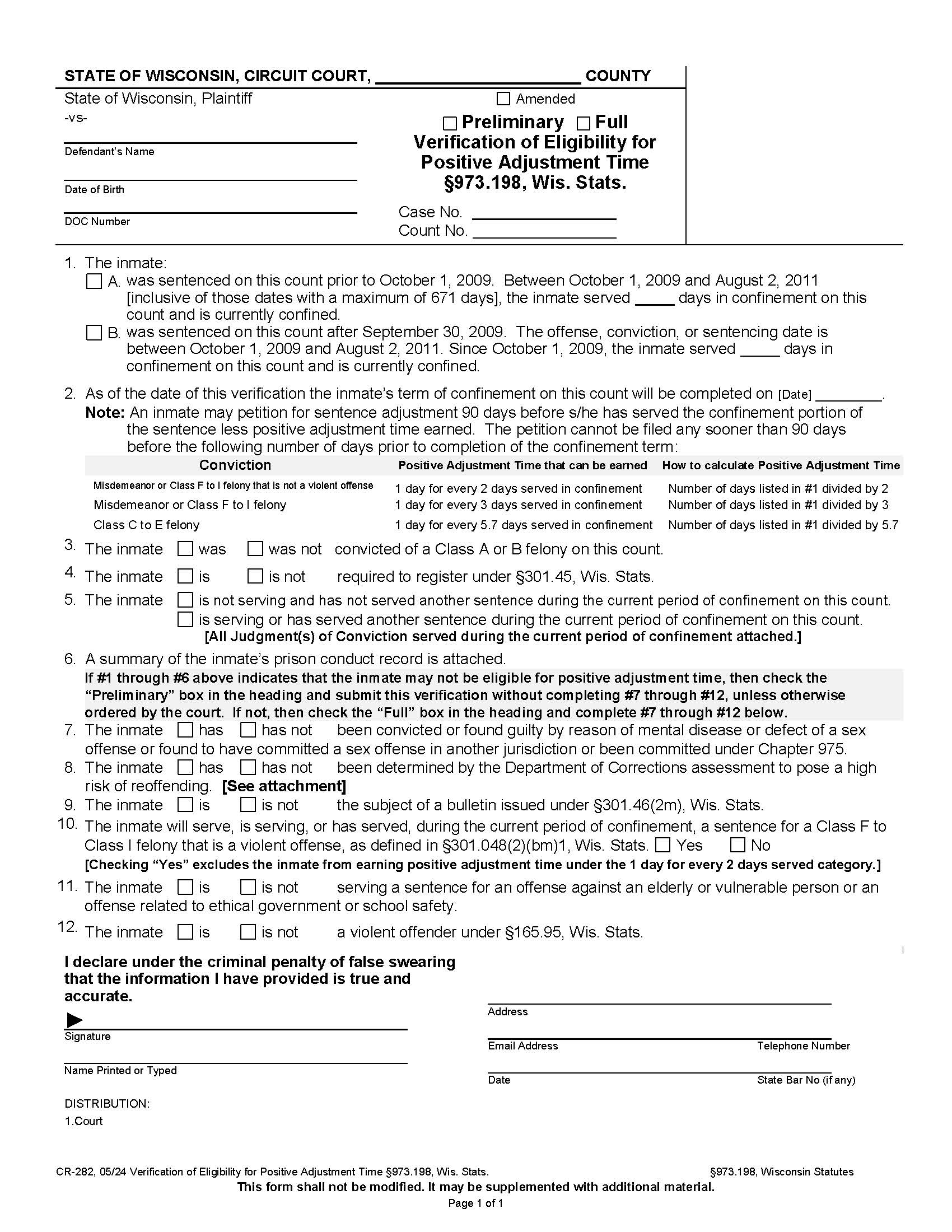 Verification Of Positive Adjustment Time Earned {CR-282} | Pdf Fpdf Docx | Wisconsin