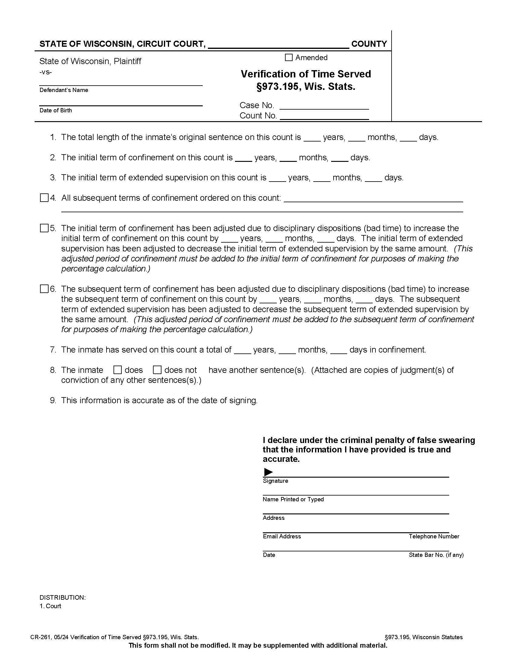 Verification Of Time Served {CR-261} | Pdf Fpdf Docx | Wisconsin