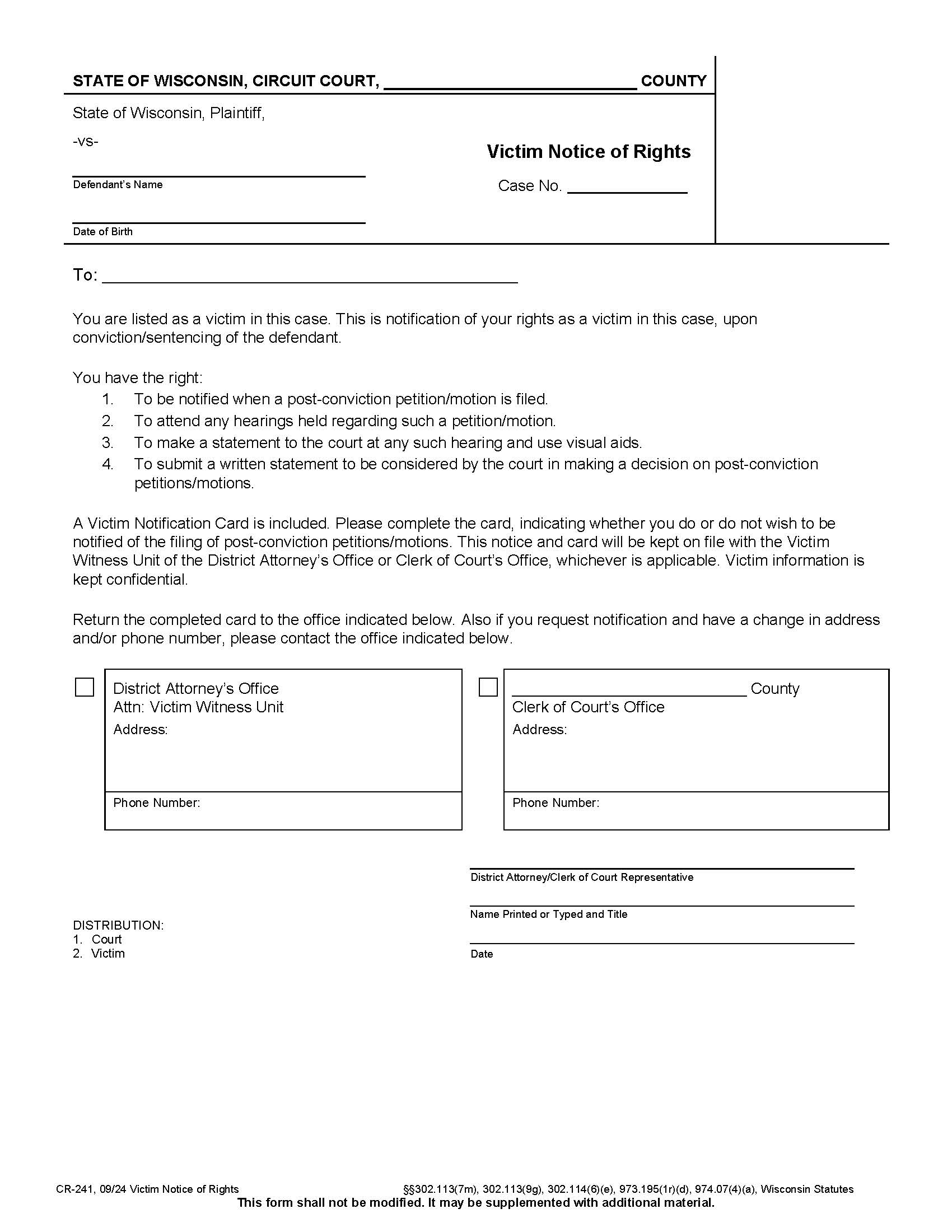 Victim Notice Of Rights {CR-241} | Pdf Fpdf Docx | Wisconsin