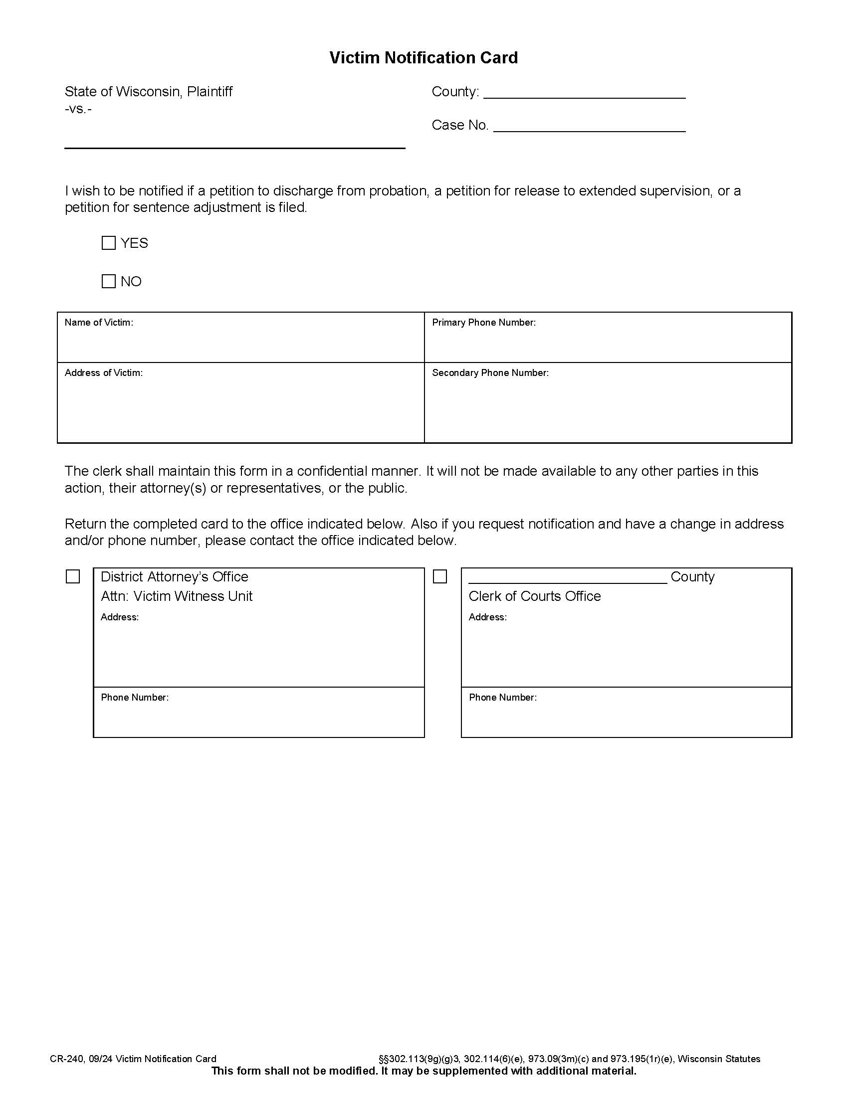 Victim Notification Card {CR-240} | Pdf Fpdf Doc Docx | Wisconsin