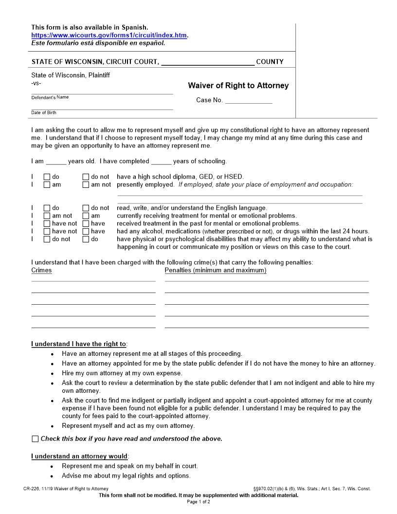 Waiver Of Right To Attorney {CR-226} | Pdf Fpdf Docx | Wisconsin