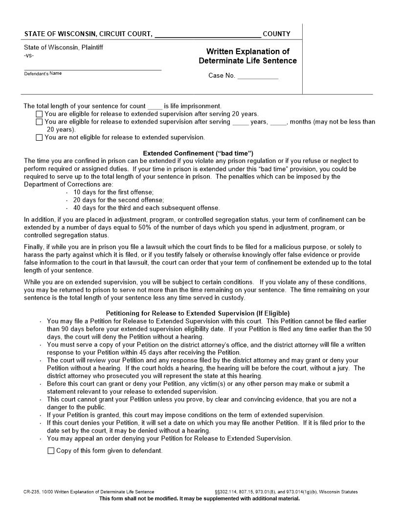 Written Explanation Of Determinate Life Sentence {CR-235} | Pdf Fpdf Doc Docx | Wisconsin