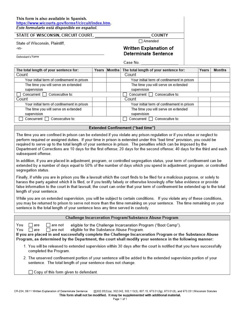 Written Explanation Of Determinate Sentence {CR-234} | Pdf Fpdf Doc Docx | Wisconsin